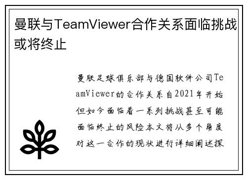 曼联与TeamViewer合作关系面临挑战或将终止